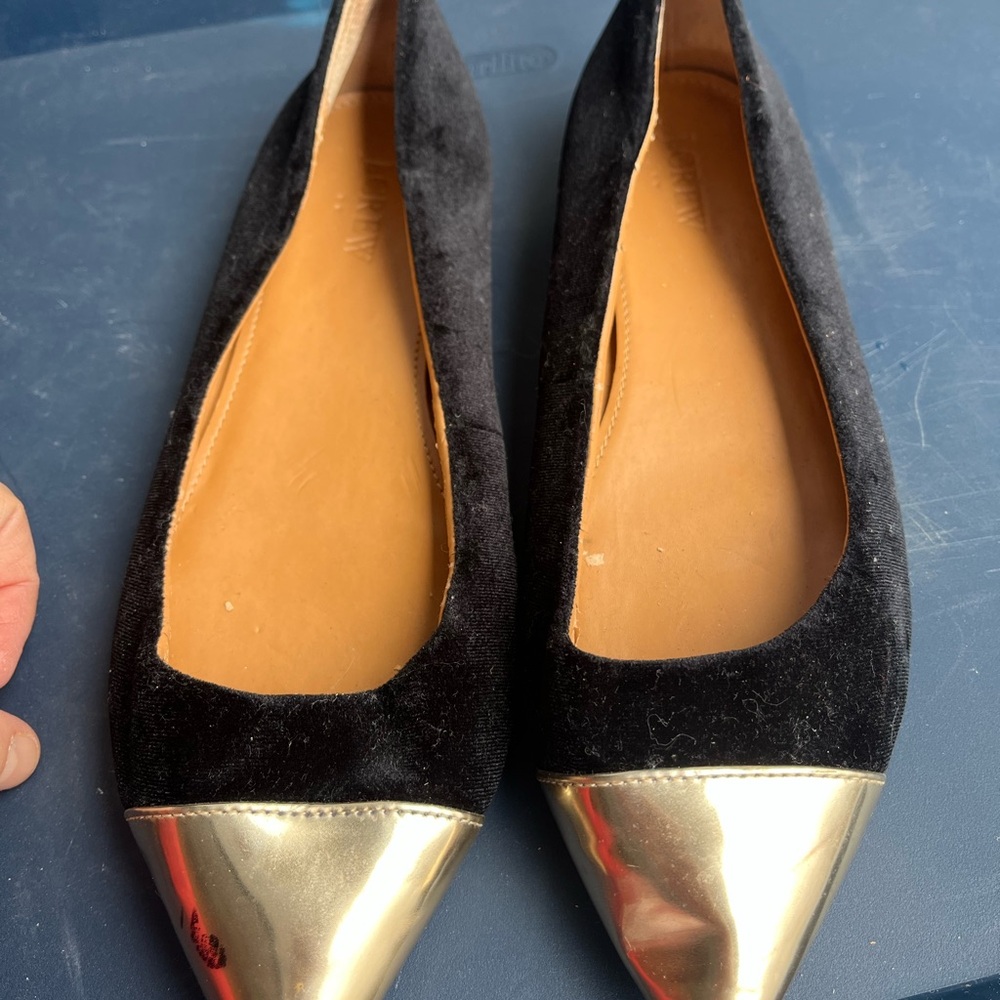 J. Crew Black Suede Flats with Gold Cap Toe